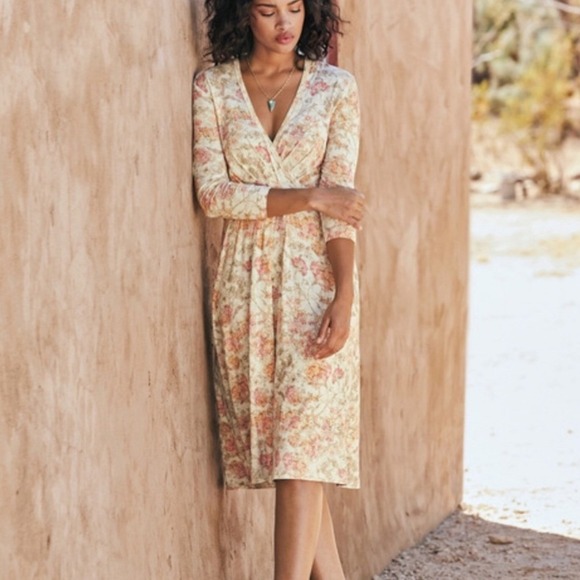 Peruvian Connection Persephone Dress Floral V-Neck Jersey Midi Orange Cream L - Picture 2 of 13